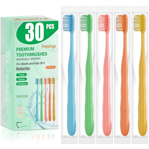 Fresings 30-Pack Premium Bulk Disposable Toothbrushes Individually Wrapped Soft Bristles Peanut Grip Handle for Travel Guest Bathroom Hotel & Emergency Kits Family Kids & Adults Single Use