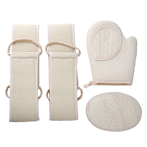 Cooptop Bath and Shower Exfoliating Loofah Set of 4 - Loofah Pad & Loofah Glove & 2 Loofah Back Scrubbers - 100% Natural Luffa and Terry Cloth Materials For Men and Women