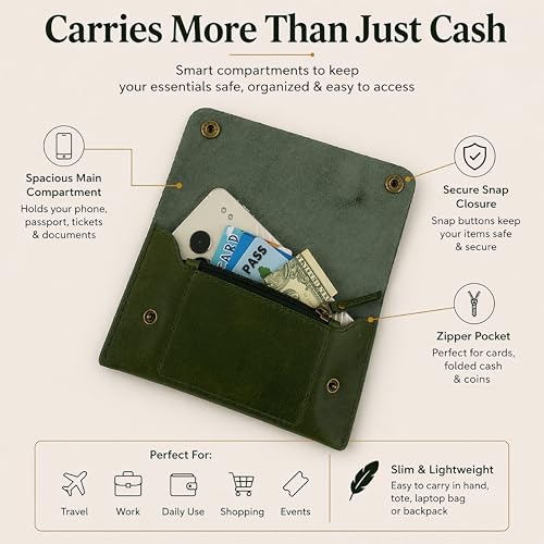 Image of Leather Currency Pouch - Handmade Cash Organizer with Double Button Closure & Zipper Pocket, Compact Money Holder for Travel & Everyday Use, 4 x 8 Inch (Green)