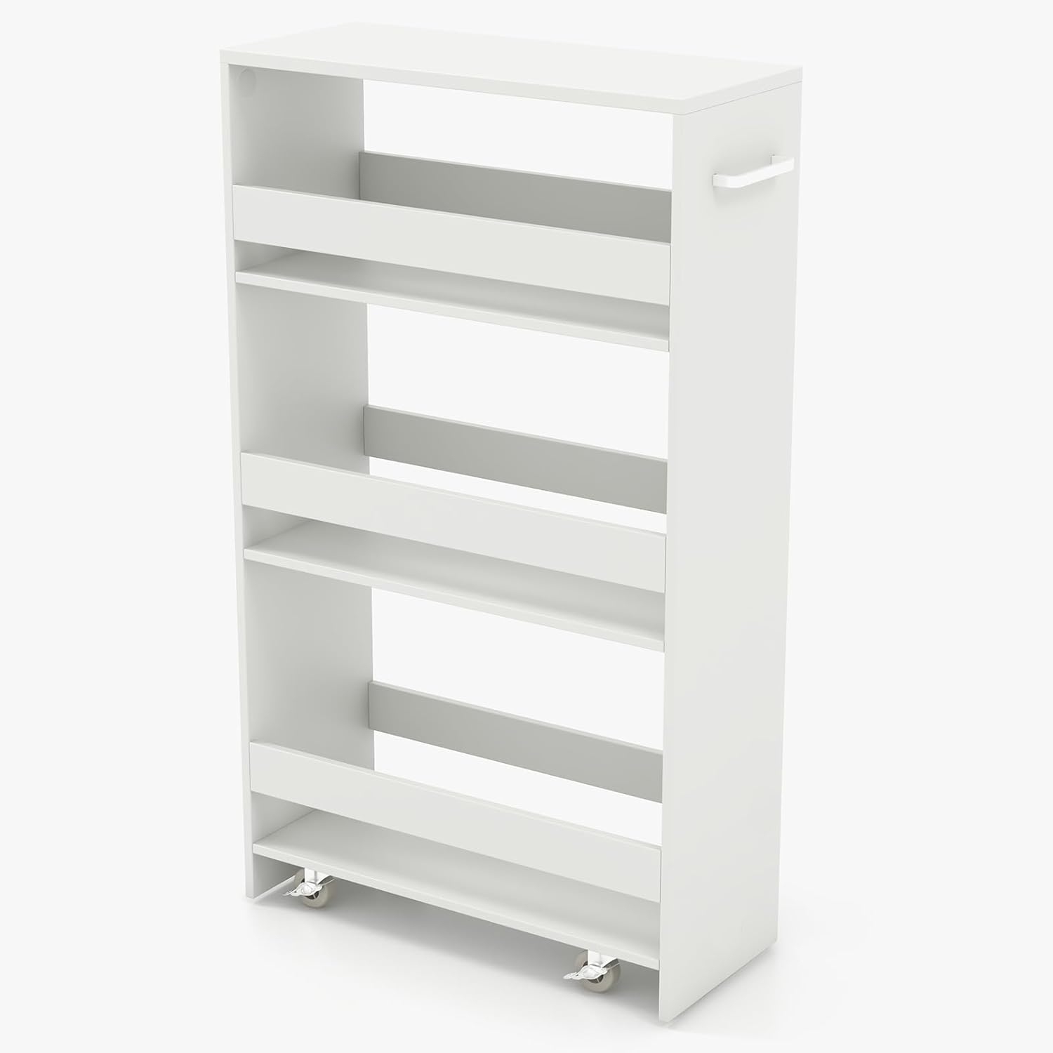 POWERSTONE 4-Tier Slim Storage Cart, Narrow Kitchen Rolling Cart w/Handle & Open Shelves, Skinny Slide Out Utility Organizer Trolley for Kitchen Bathroom Laundry Small Spaces White