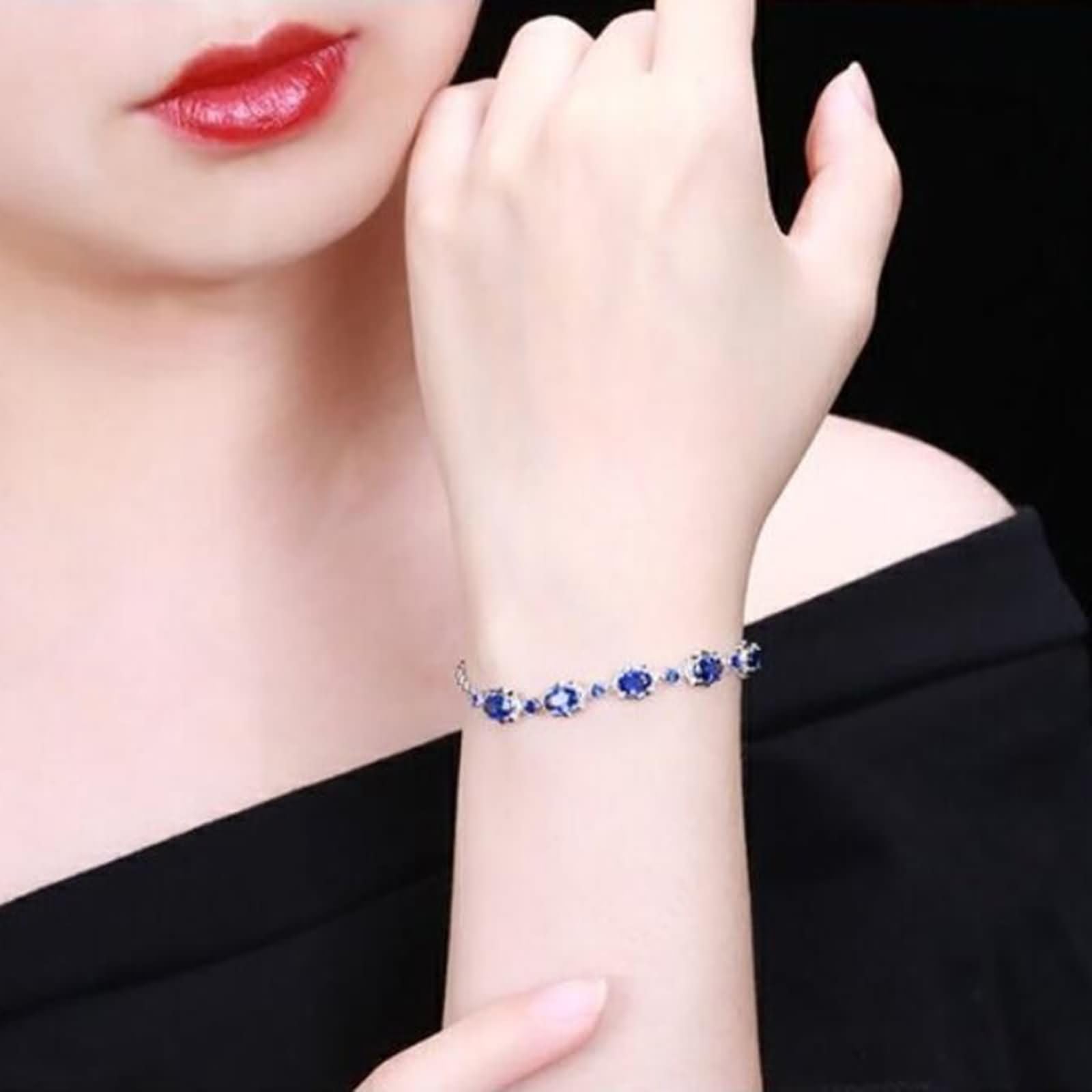 Pulseras Mujer de Oro Blanco 9K / 14K / 18K, Oval con Zafiro Creado de 2,9 ct y Moissanita, Cadena Extensible 16 CM + 5 CM, Pulseras de Plata Azul para Ajustable Mujer