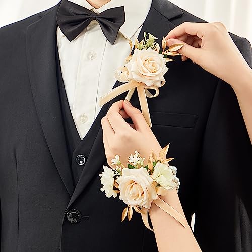 Serwalin Champagne Rose Corsage and Boutonniere Set,2Pcs Boutonniere and Wrist Corsage Wristband Roses Prom Flower Wedding Flowers Accessories Prom Suit Decorations