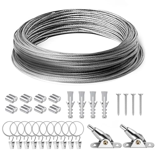 Celepoir 10M Wall Mount Curtain Wire Rod Set, 2mm Stainless Steel Shower Curtain Wire Kit with 10 Curtain Clips, 10 Stainless Steel Rings for Picture, Art Projects, Heavy Duty Clothesline