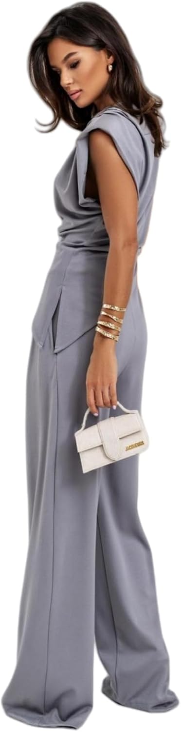 Women's Round Neck Pleated Sleeveless Casual Suit Solid Color Irregular Top Wide Leg Pantsuit Business Sets 2 Piece Outfits