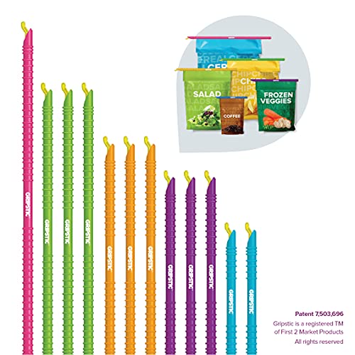 Gripstic Bag Sealer - The Word's Best Reusable Chip Clips, Bag Clips. Patented. Airtight & Waterproof Seal On Food Storage Bags, Kids Snacks & More. Near Zero Waste. 12Ct Variety Pack #TOP4