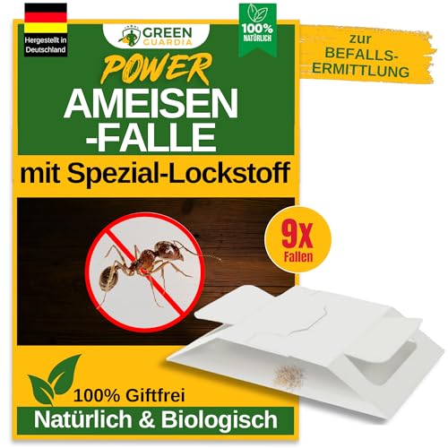 GREEN GUARDIA Ameisen Falle mit Spezial-Lockstoff - 9X Ameisen Fallen - umweltfreundlich Ameisen bekämpfen, Chemiefreie Falle mit starker Klebefläche, giftfrei & geruchsneutral