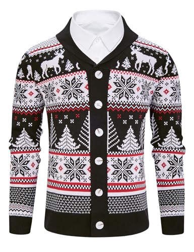 Cozople Ugly Christmas Sweater Men's Reindeer Cardigan Sweater Xmas Shawl Collar Knitted Cardigan