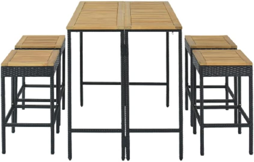 PE Rattan Wicker Dining Table with an Acacia Wood Tabletop 5-Piece Garden Wicker Bar Set