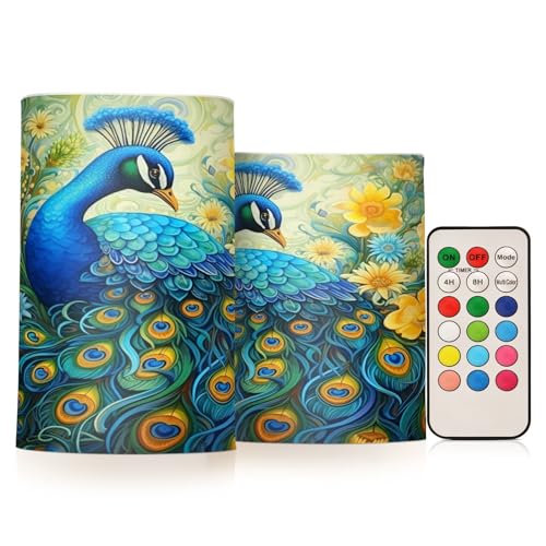 ALAZA Peacock with Blue Yellow Flowers02 Flickering Flameless Candles Battery Operated with Remote Timer,Tea Light Candles LED Pillar Votive Candles Set of 2 for Outdoor Indoor Decorations