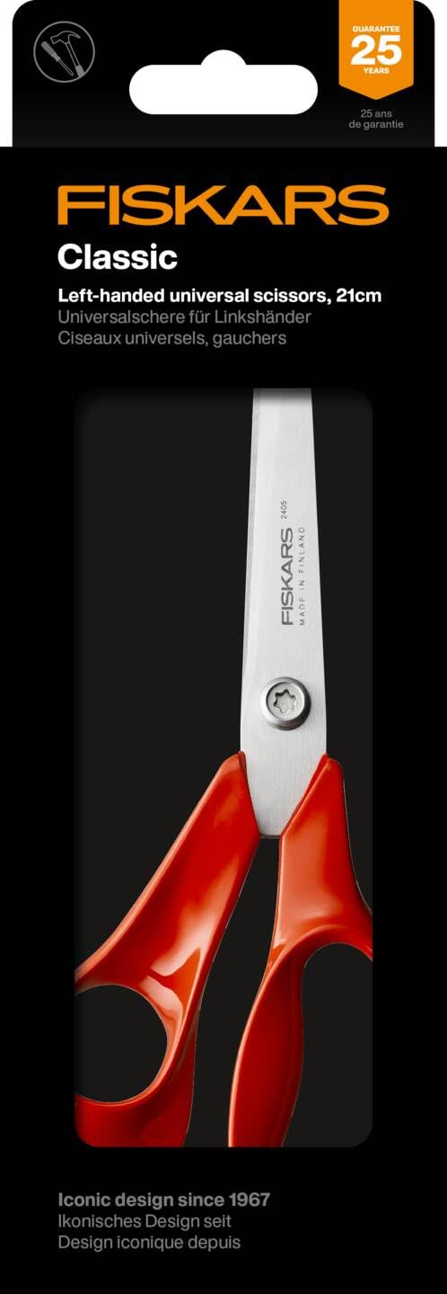 Fiskars Classic Ciseaux de Bricolage Universels, Pour Gaucher, Longueur Totale : 21 cm, Vis Torx Améliorée et Poignée Plus Ergonomique, Acier de Qualité/Plastique, Rouge, 1075037