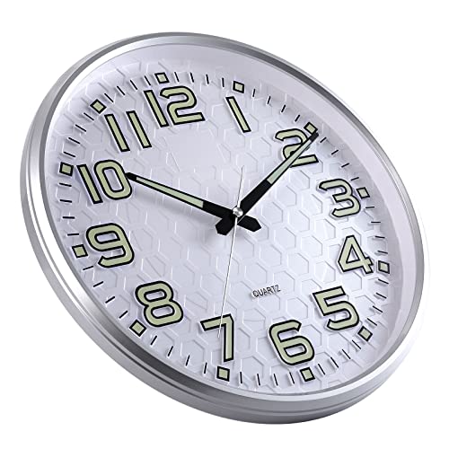 Image of Plumeet Night Light Wall Clocks, 13 Inches Clock with Silent Non-Ticking Glowing for Indoor Kitchen Bedroom, Large Number Battery Operated (Silver)