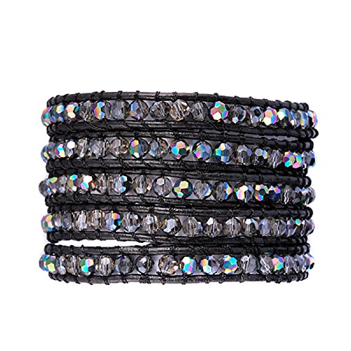 NewZenro Genuine Leather Bracelet Multi Colors Crystal Beads Wrap Bracelets for Women Fashion Trendy Jewelry (5 Wraps, Facet AB Rhinestone)2