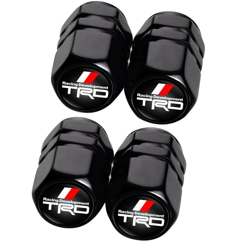 Car Tire Valve Stem Caps Replacement for TRD, 4 Pcs Black Metal Dust Caps Valve Caps with Logo, Suit for TRD Racing Development Sequoia Tundra Tacoma 4Runner PRO, Anti-Corrosion Leak-Proof Black