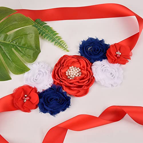 Vintage Maternity Sash for Baby Shower Pregnancy Flowers Sash Belt with Flowers Pearls Rhinestone for Wedding Bride/Baby Shower Dress (Red/Blue/White)3