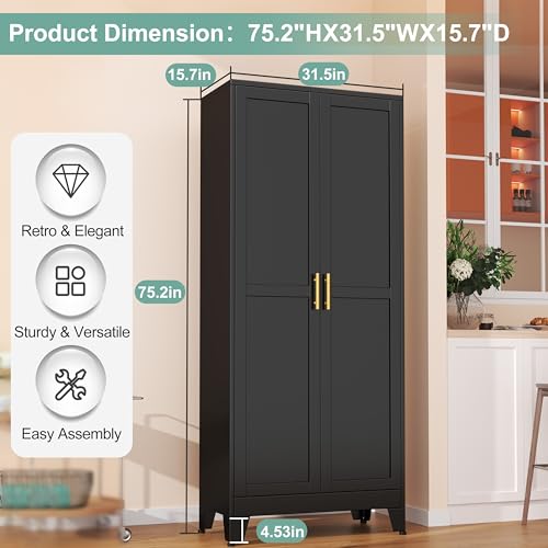 Image of Metal Pantry Cabinet with 2 Doors and 5 Adjustable Shelves, 75 inchKitchen Storage cabinets with Gold Handles, Versatile Storage for Laundry Room, Living Room, Bathroom, Dinning Room, Utility Room-Black