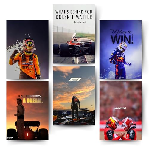 Image of Posters Inc Sports F1 Cars Motivational Posters for Wall A4 Size Aesthetic Setup 300 GSM Matte Paper Pack of 6 Automotive Motorsport Decor for Boys Gaming Room, Bedroom, Home & Office with Adhesive