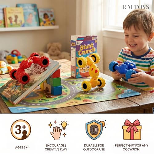 Image of 360 Stunt Toy Car with Big Off-Road Wheels, Flexible Twisting Action Vehicle, Durable Plastic Mini Monster Car, Assorted Multicolour Design (Pack of 1)