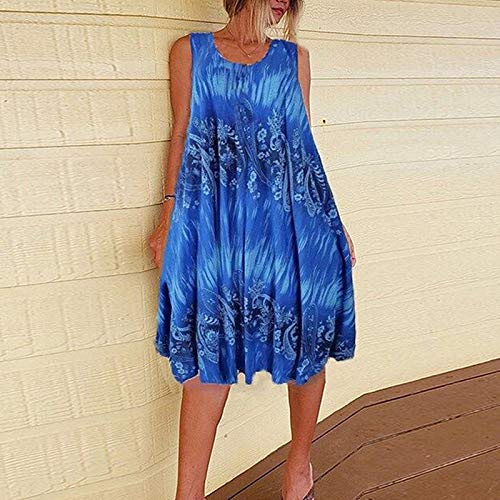 Beach Bohemian Print Dress Lady Tie-Dye Dress Womens Sleeveless Women s Dress (Blue, XL)