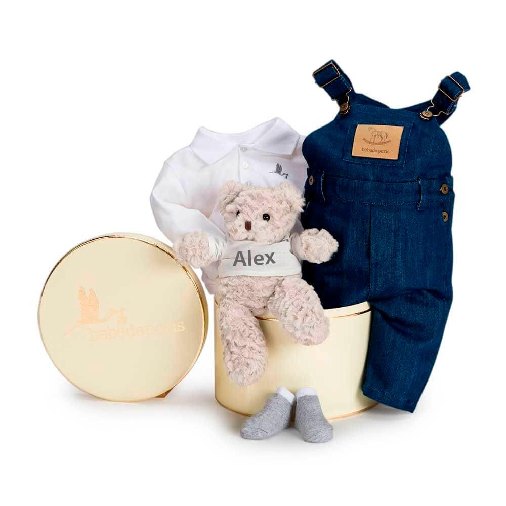 Canastilla Bebe Recien Nacido Personalizada | Cesta Regalos para Bebes Recien Nacidos | Peto Vaquero y Body | Talla 3 a 6 meses | 100% Algodón | BebeDeParis