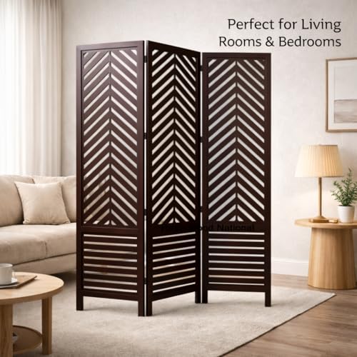 Image of Rose Wood Wooden Partition for Living Room, 3 Panel 6 Feet Room Divider and Wood Screen Separator, Partition Wall for Home and Pooja Room, Size 60W x 71H Inches, Brown.