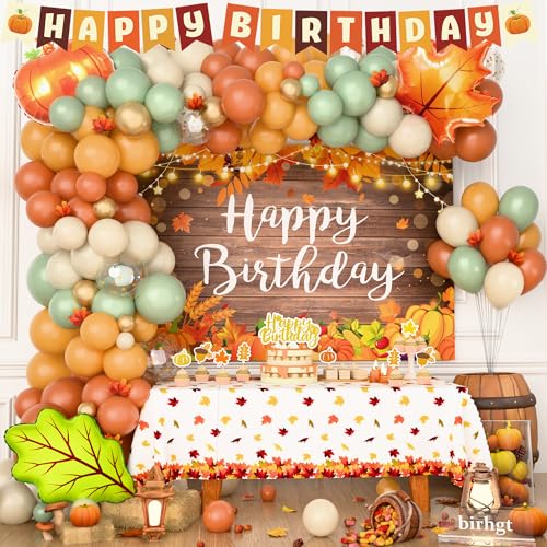 Fall Birthday Party Decorations, Orange Green Pumpkin Fall Birthday Supplies, Thanksgving Party Kit Autumn Maple Leaf Backdrop Balloon Arch Banner Tabelcloth Harvest Party Decorations