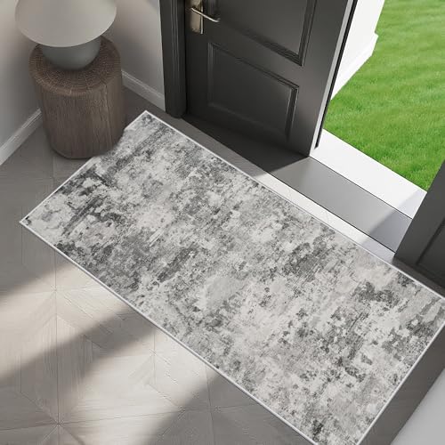 HILORUUG 2x4 Rug Washable Entryway: Non Slip Abstract Runner for Kitchen Bathroom - Modern Minimalist Low Pile Stain Resistant Thin Indoor Floor Mat - 2x4 Black Grey