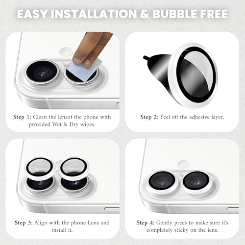 Image of FIRST MART Camera Lens Protector for iPhone 16 Plus /iPhone 16-9H Tempered Glass Metal Alloy Rings, Military-Grade Anti-Scratch Camera Ring Guard, HD Clear, Case-Friendly Protection - White