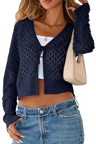 SimpleFun Fall Cardigans for Women Cropped Tie Front Long Sleeve Open Knit Sweater Cover Up Navy Blue L