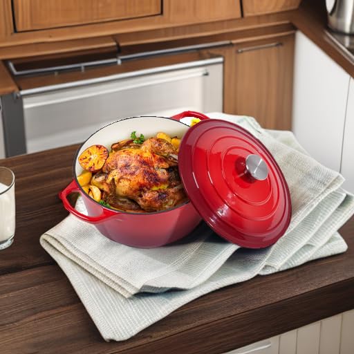 Image of 6 Quart Dutch Oven Enameled Cast Iron with Lid - Big Dual Handles - Oven Safe up to 500F - Classic Round Pot for Versatile Cooking (Red, 6 QT)