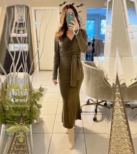 Happy Sailed Womens Knit Dress Spring Long Sleeve Wrap V Neck Tie Waist Ribbed Sweater Dresses4