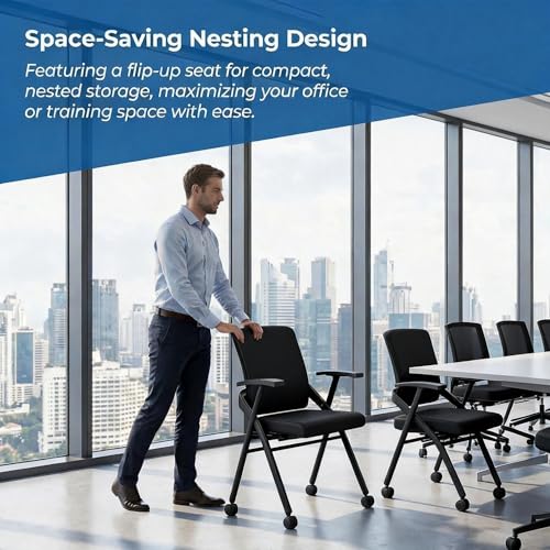 Image of Folding Office Chair Conference Room Chair with Armrest Mesh Back, Stackable Foldable Office Chair for Guest Reception Meeting Classroom Training Seminar (8, Black- with Wheel)