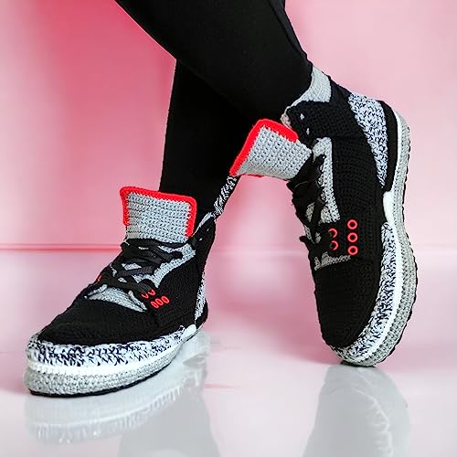 Handmade Jordans-Inspired Sneaker Slippers - Retro Black-Cement Collection - AJ3 Cozy Warm Plush Booties - Custom Comfy Plush Shoes - Cozy Kicks Sneaker Slipper - Low-Top Basketball Big Size Sneakers4