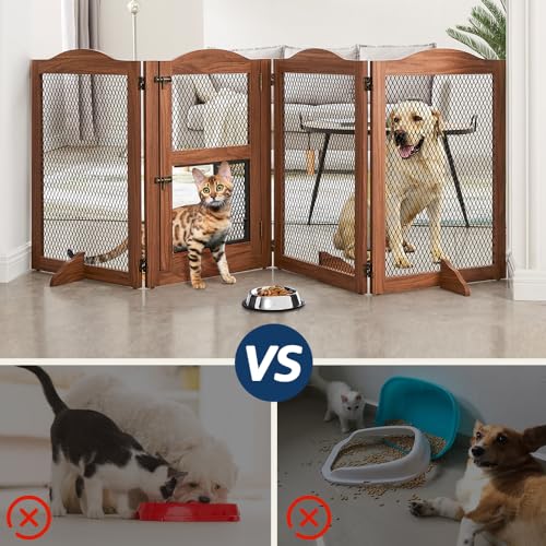beeNbkks Freestanding Pet Gate with Cat Door, Dog Proof Cat Gate, Indoor Dog Gates for The House Doorways Stairs, Metal Mesh Wooden Small Animal Pet Barrier with Walk Through Door and Support Feet