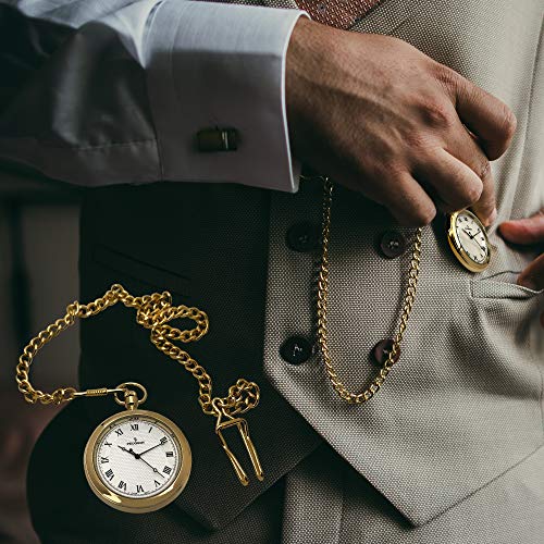 Image of Peugeot Men's 14Kt Gold Plated Vintage Pocket Watch with Chain, 40mm Open Face, Engravable with Easy to Read Roman Numbers