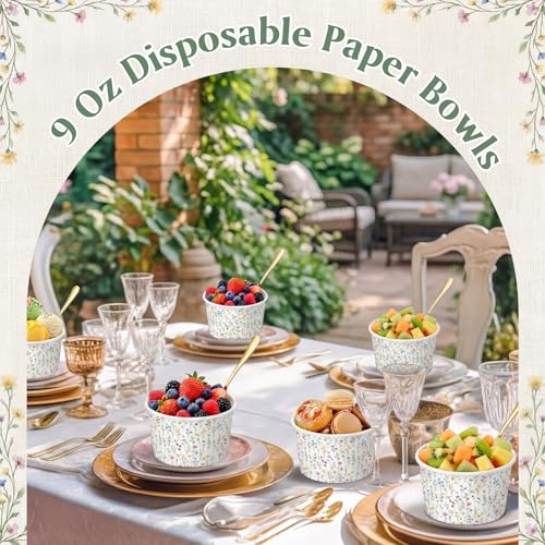 Image of Funnymoom 50 Pack Wildflower Ice Cream Cups 9 oz Spring Floral Disposable Dessert Bowls Flower Paper Soup Bowls Snack Cups for Hot or Cold Food Summer Tea Wedding Baby Shower Birthday Party Supplies