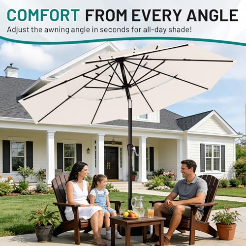 Image of AreShark 9ft 3-Tier Patio Umbrellas, Outdoor Umbrella with 8 Sturdy Ribs UV Protection Windproof, Market Table Umbrella w /Push Button Tilt & Crank for Pool, Porch, Deck, Garden(Cream White)
