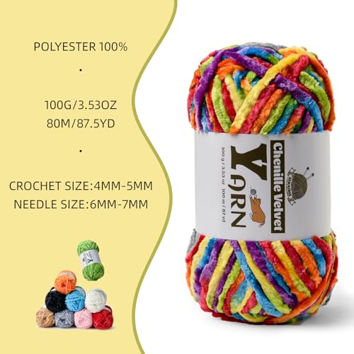 Image of 3 Pack Plush Chenille Chunky Yarn - Fluffy Velvet Yarn Crochet for Blanket Knitting and Crocheting - Soft Baby Yarns for Crocheting - Amigurumi Crochet Yarns 100g (87yds) (3 Rainbow)