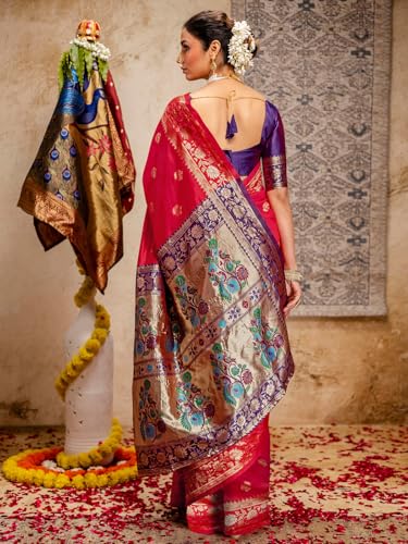 Image of SIRIL Women's Paithani jacquard Silk Saree |Chandrakor Paithani jacquard Saree With Unstitched Blouse Piece