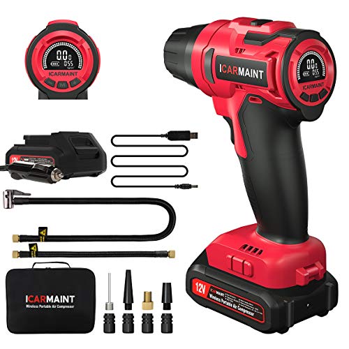 ICARMAINT Tire Inflator Air Compressor, Portable Car Air Pump with Digital Pressure Gauge, 12V 140 PSI Cordless Tire Pump with 2600mA Rechargeable Li-ion Battery and 12V Car Power Adapter