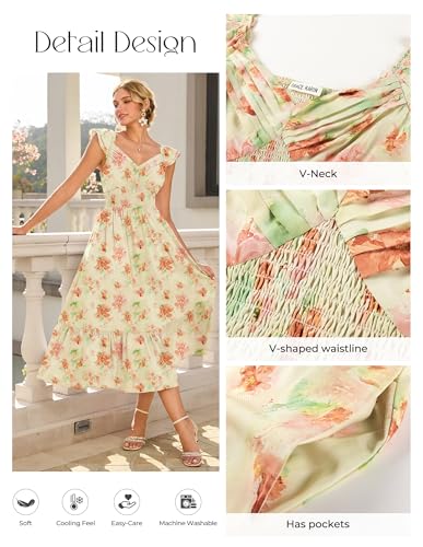 Image of GRACE KARIN Women's Summer Floral Maxi Dress 2026 Ruffle Sleeve Smocked Sundress Flowy Wedding Guest Long Dresses with Pocket