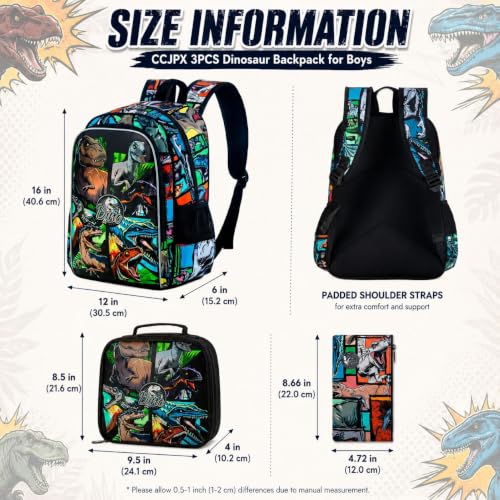 Image of 3PCS Dinosaur Backpack for Boys, 16 Inch Kids Water Resistant Preschool Elementary Kindergarten Bookbags and Lunch Box | Kids