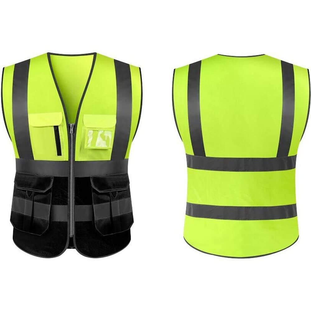 Chaleco De Seguridad Hola Visibilidad Chaleco de seguridad con tiras reflectantes y bolsillos con cremallera Trabajo de construcción Uniformes de valores. Chaleco Reflectante(Neon Yellow,M-Chest 114cm