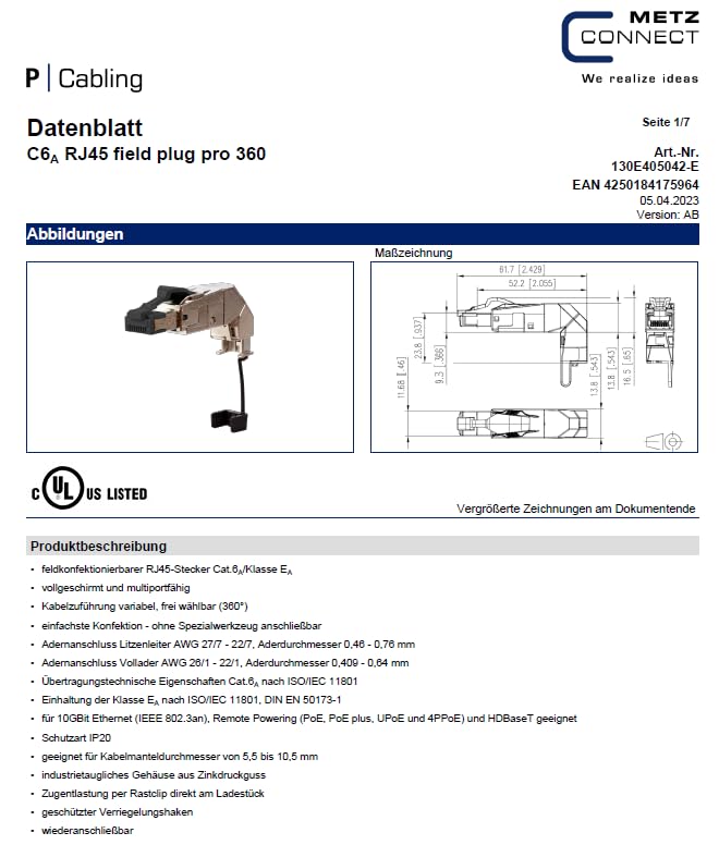 METZ Connect 130E405032-E Wire Connector RJ-45 Black/Silver Wire