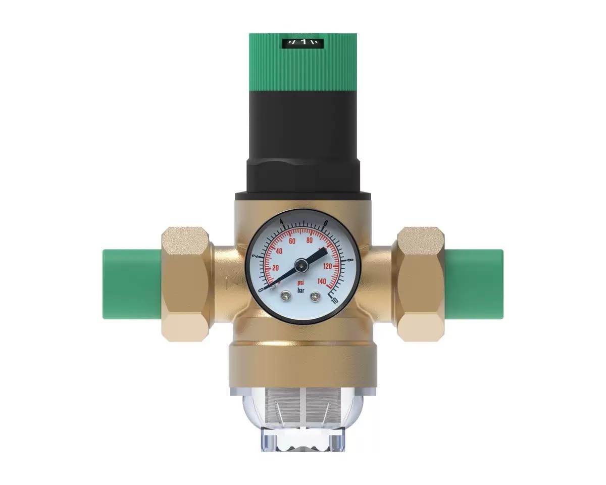 Riduttore di pressione dell'acqua da 3/4", in ottone, con manometro e filtro DN25, valvola di sovrapressione per la regolazione della pressione per case, edifici e fabbriche (oro)