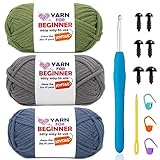 3 Pack Beginners Crochet Yarn Blue Grey Green Cotton Crochet Yarn for Crocheting Knitting Beginners with Easy-to-See Stitches Cotton-Nylon Blend Crochet Yarn for Beginners Crochet Kit(3x50g)