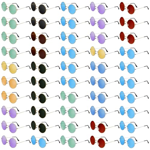 Image of Kanayu 50 Pairs Round Hippie Sunglasses Bulk Circle Colored Disco Glasses Groovy 70s Sunglasses for Party Women Men