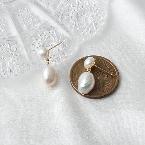 14K Gold Plated Cultured White Baroque Pearl Dangling Drop Earrings for Women Trendy3