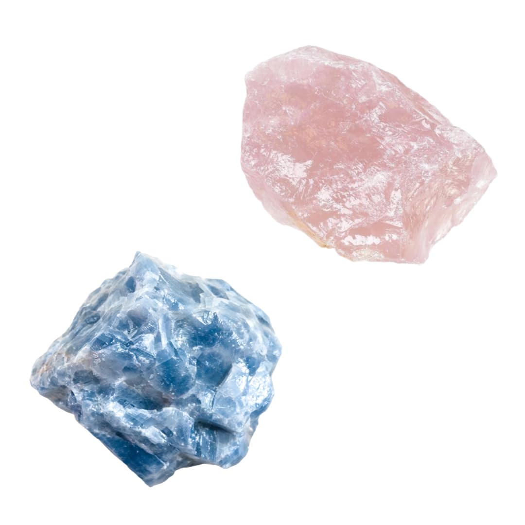 MINERALISTCollection Healing Stones - High Energy Blue Calcite & Rose Quartz Set - Decorative Spiritual Crystal, Natural Chunk for Meditation, Yoga, Reiki, Chakra, Decorations, 0.25lb Each
