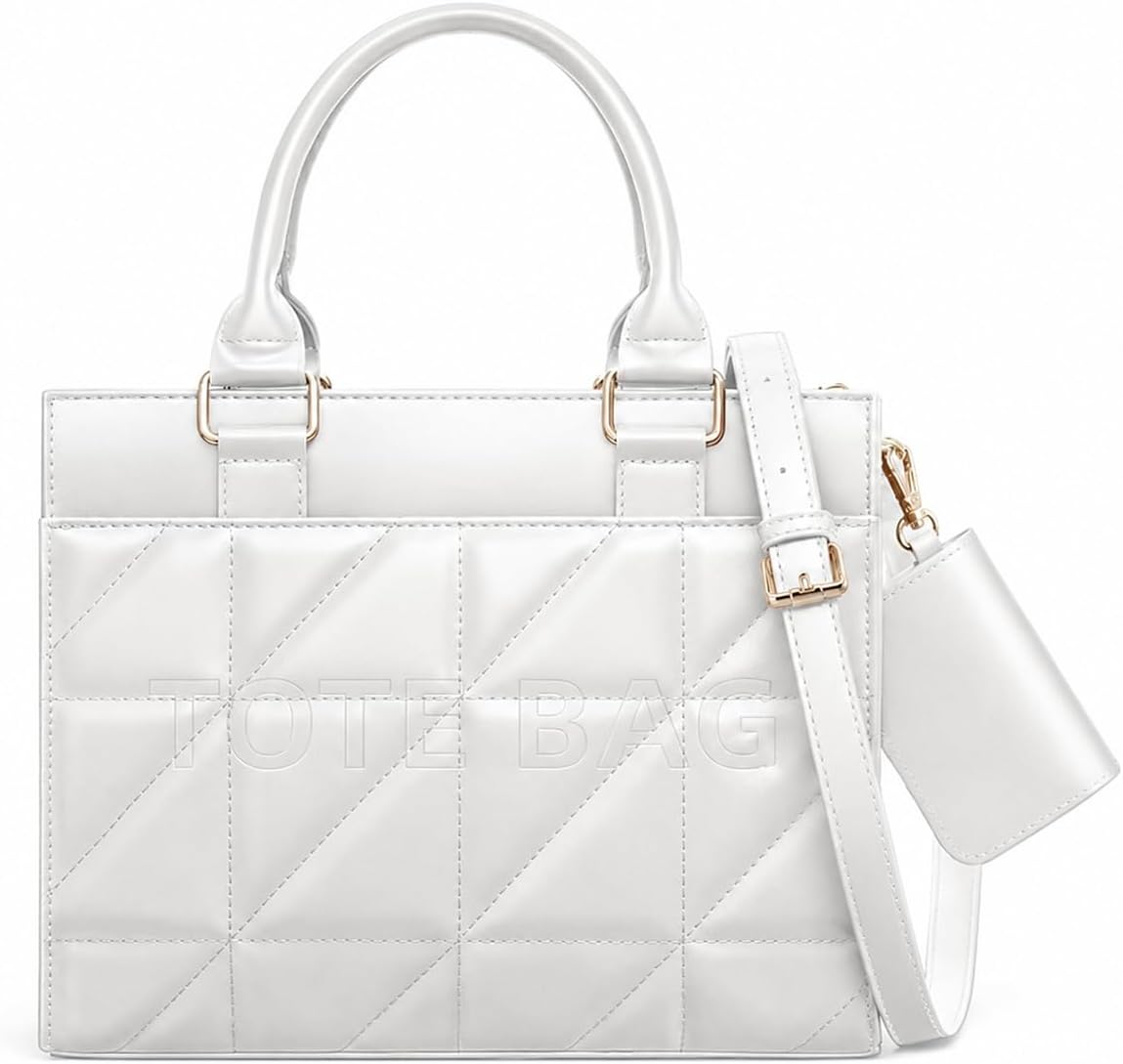 TOPEAST Quilted Tote Bag for Women, Small Structured Handbag with Strap, Top Handle Purse with Card Holder for Work Travel