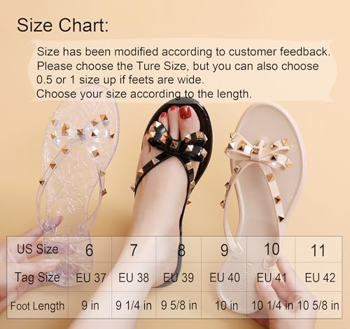 Image of Studded Jelly Shoes for Womens Bow Flip Flops Jellies Sandals Flat Black Summer Beach Thong with Rivets Strappy Slides Slip On